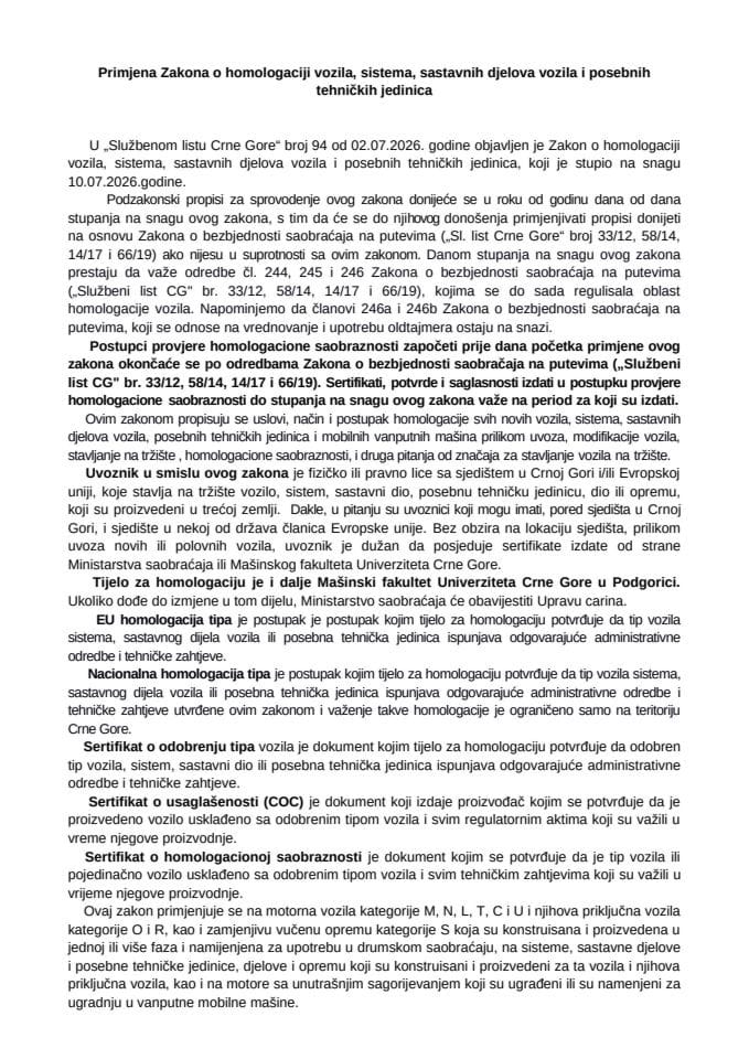 Primjena Zakona o homologaciji vozila, sistema, sastavnih djelova vozila i posebnih tehničkih jedinica