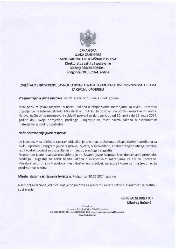 Predlog zakona o eksplozivima za civilnu upotrebu* s Izvještajem sa javne rasprave