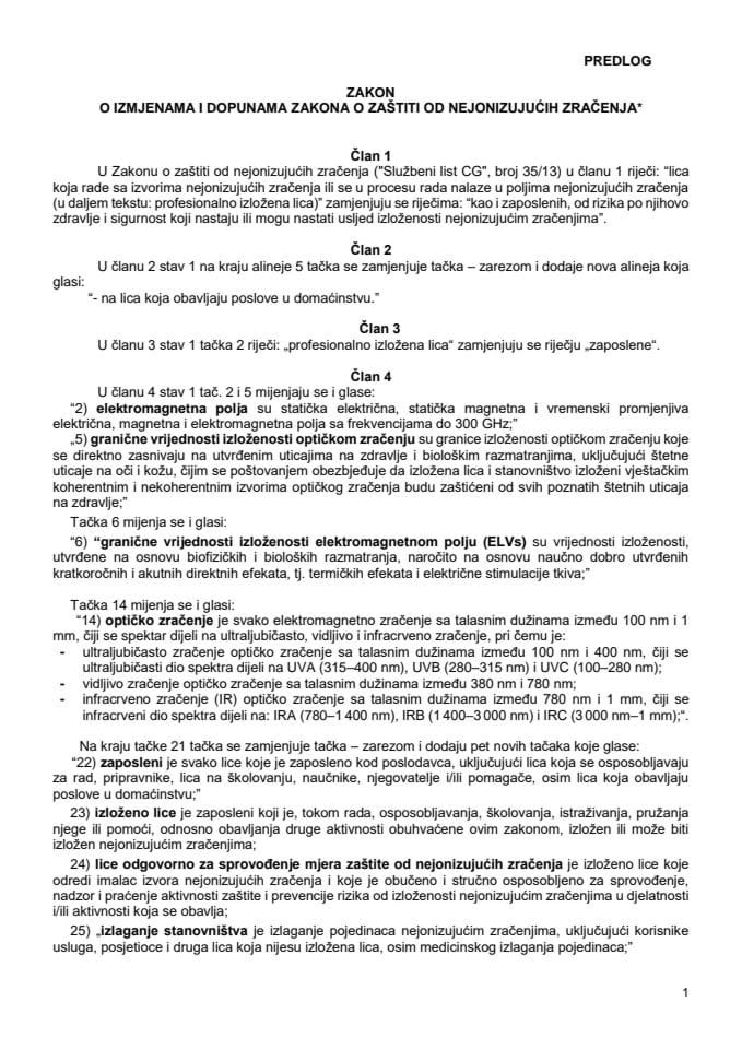 Predlog zakona o izmjenama i dopunama Zakona o zaštiti od nejonizujućih zračenja* s Izvještajem sa javne rasprave