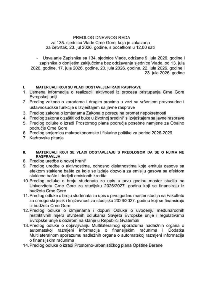 Predlog dnevnog reda za 135. sjednicu Vlade Crne Gore