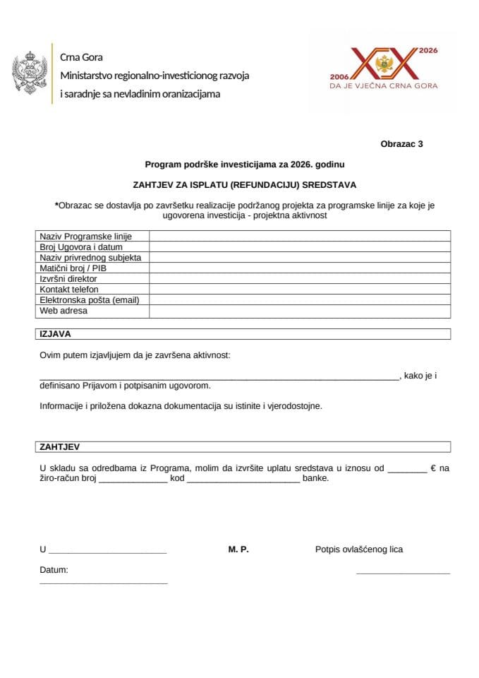 OBRAZAC 3 - Zahtjev za isplatu