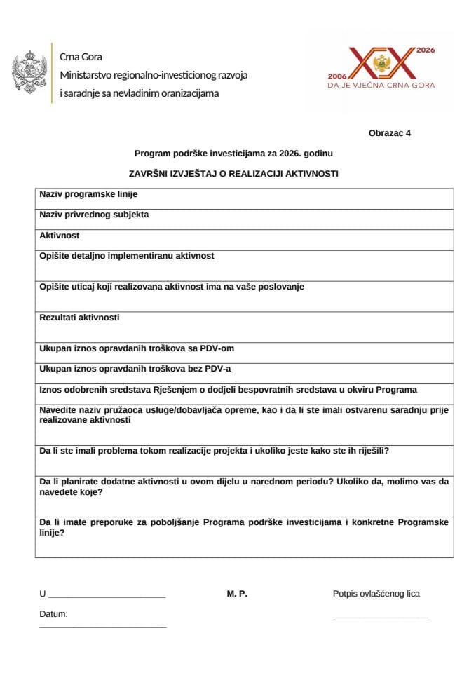 OBRAZAC 4 - Izvještaj