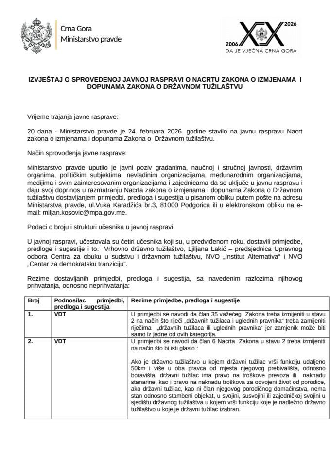 Извјештај о спроведеној јавној расправи о Предлогу закона о измјенама и допунама Закона о Државном тужилаштву
