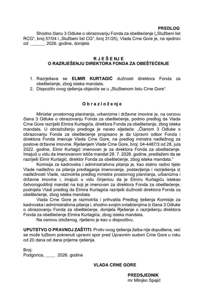 Predlog za razrješenje direktora Fonda za obeštećenje