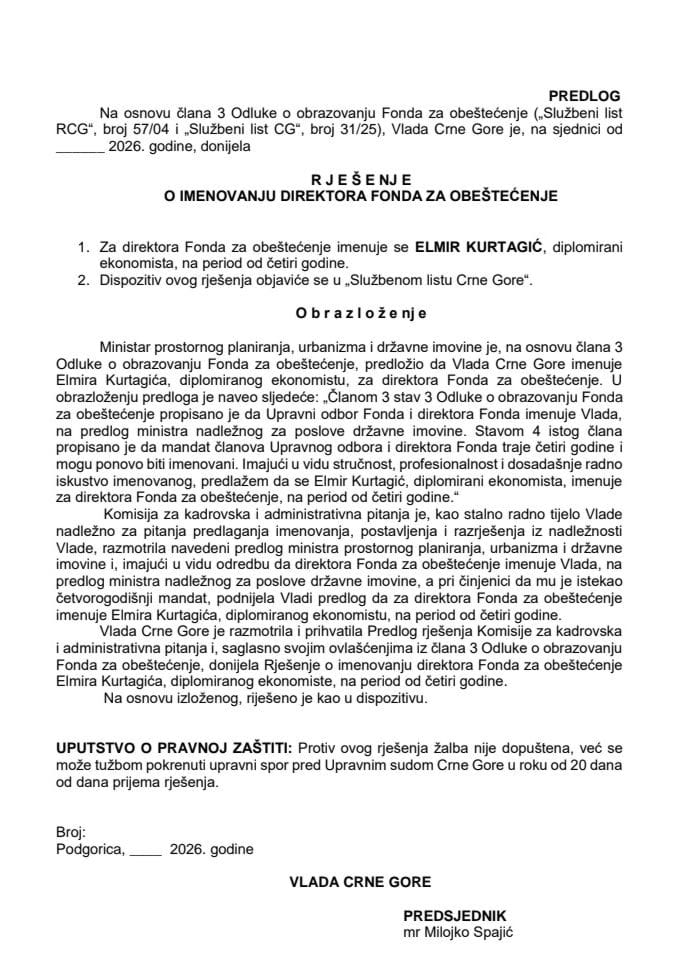 Predlog za imenovanje direktora Fonda za obeštećenje