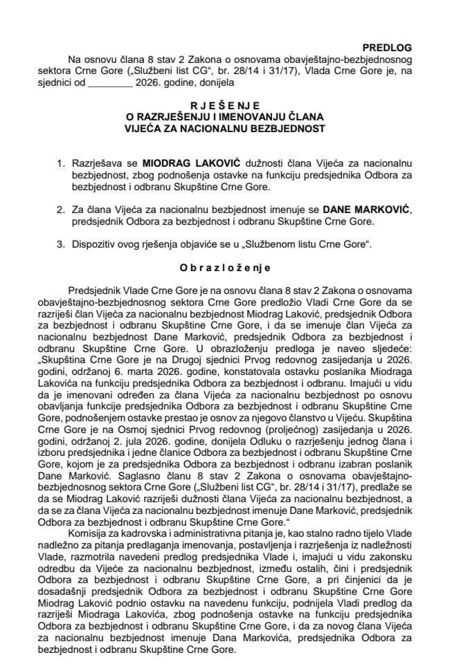 Predlog za razrješenje i imenovanje člana Vijeća za nacionalnu bezbjednost