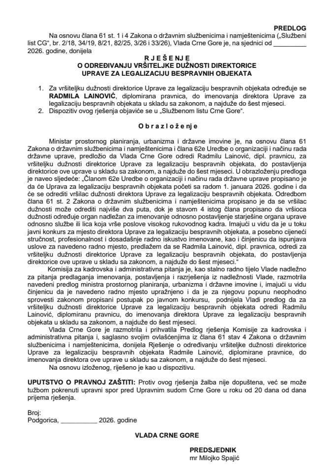 Predlog za određivanje vršiteljke dužnosti direktorice Uprave za legalizaciju bespravnih objekata