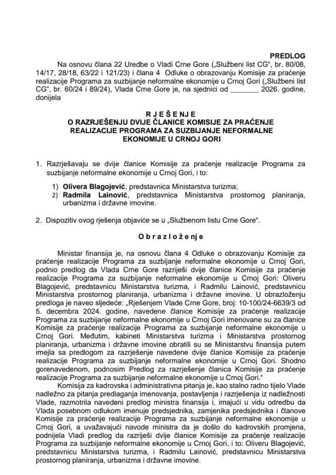 Predlog za razrješenje dvije članice Komisije za praćenje realizacije Programa za suzbijanje neformalne ekonomije u Crnoj Gori