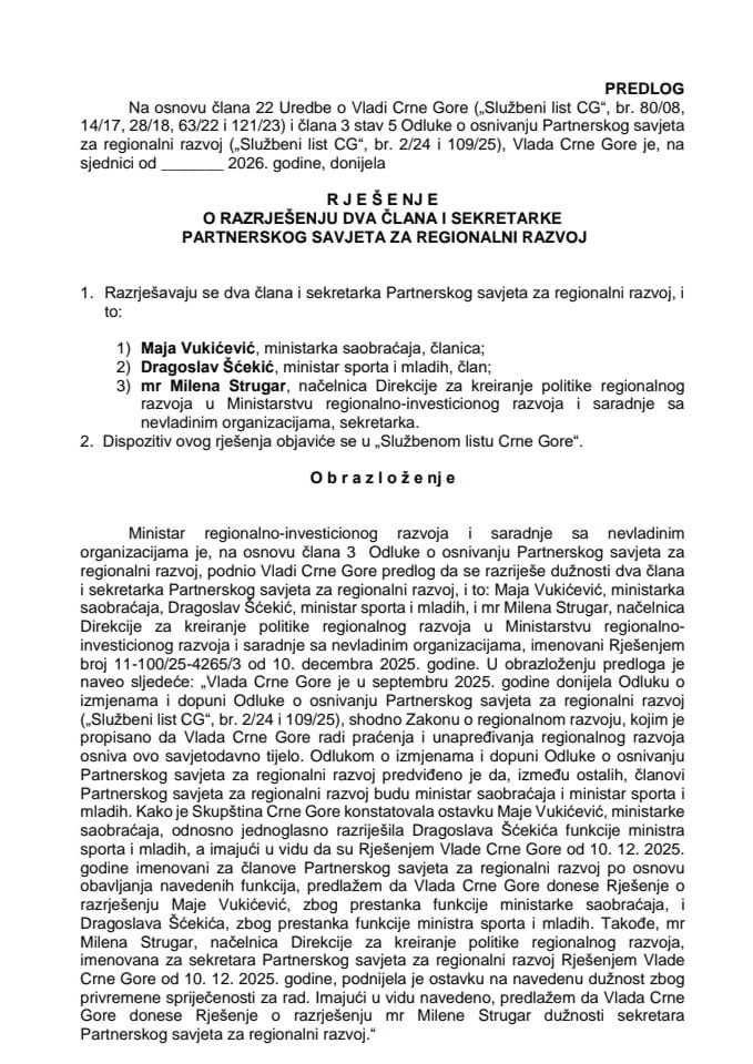 Predlog za razrješenje dva člana i sekretarke Partnerskog savjeta za regionalni razvoj