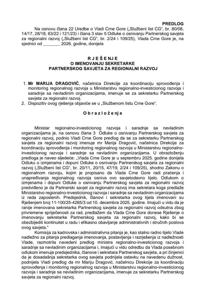 Predlog za imenovanje sekretarke Partnerskog savjeta za regionalni razvoj