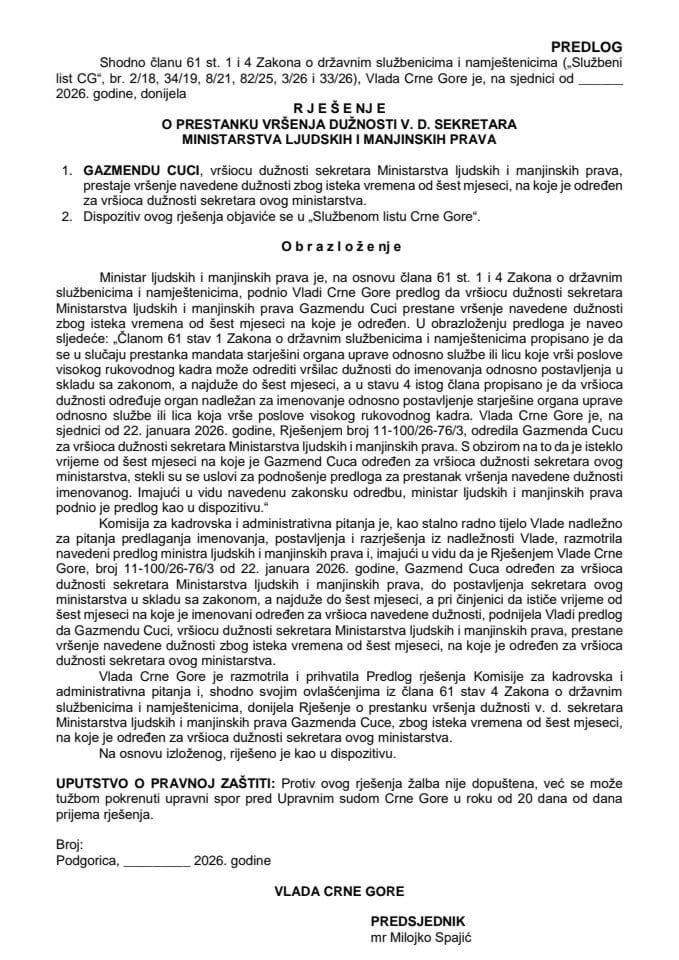 Predlog za prestanak vršenja dužnosti v. d. sekretara Ministarstva ljudskih i manjinskih prava
