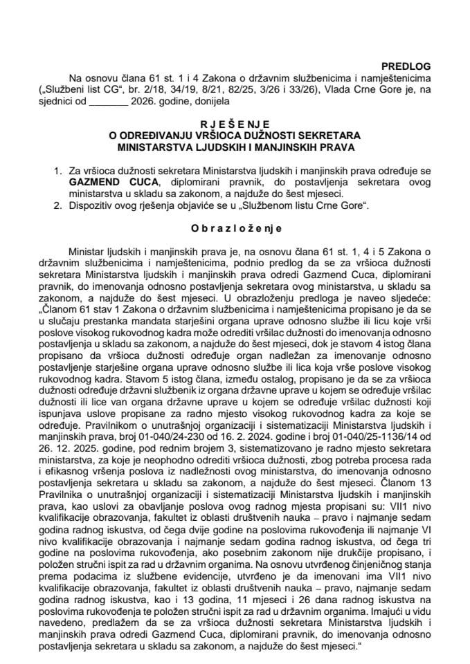 Predlog za određivanje vršioca dužnosti sekretara Ministarstva ljudskih i manjinskih prava