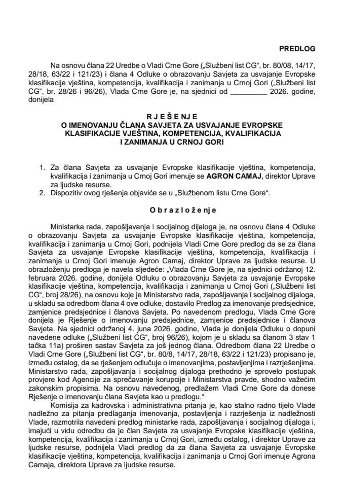 Predlog za imenovanje člana Savjeta za usvajanje Evropske klasifikacije vještina, kompetencija, kvalifikacija i zanimanja u Crnoj Gori