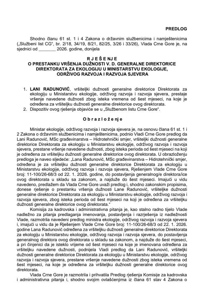 Predlog za prestanak vršenja dužnosti v. d. generalne direktorice Direktorata za ekologiju u Ministarstvu ekologije, održivog razvoja i razvoja sjevera