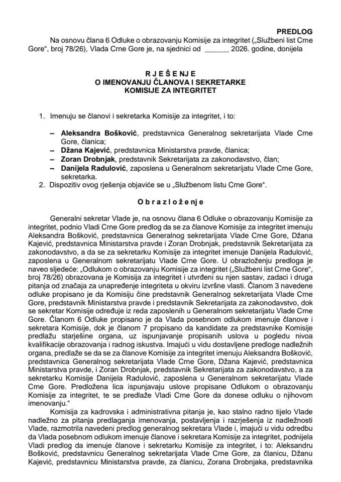 Predlog za imenovanje članova i sekretarke Komisije za integritet