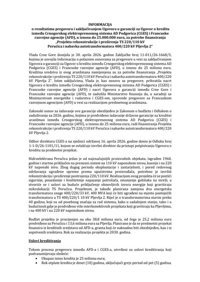 Informacija o rezultatatima pregovora i zaključivanju Ugovora o garanciji za Ugovor o kreditu između Crnogorskog elektroprenosnog sistema AD Podgorica (CGES) i Francuske razvojne agencije (AFD), u iznosu do 25.000.000 eura