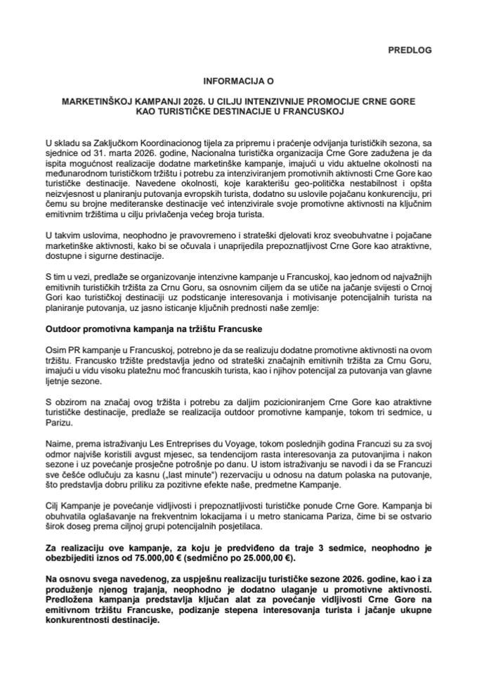 Informacija o marketinškoj kampanji 2026. u cilju intenzivnije promocije Crne Gore kao turističke destinacije u Francuskoj
