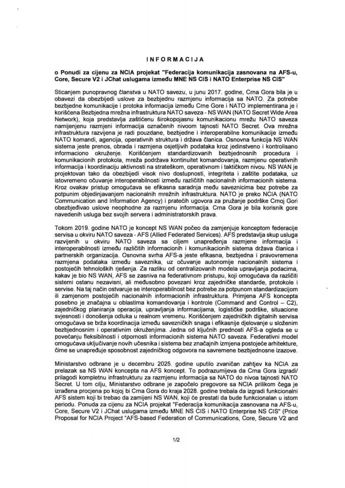 Informacija o Ponudi za cijenu za NCIA projekat „Federacija komunikacija zasnovana na AFS-u, Core, Secure V2 i JChat uslugama između MNE NS CIS i NATO Enterprise NS CIS“