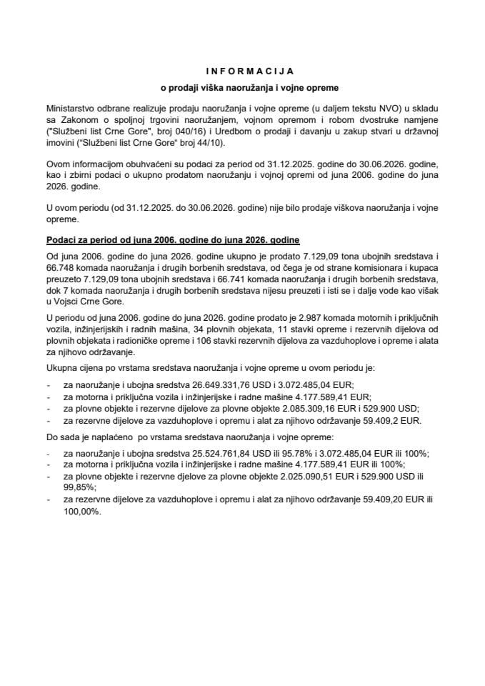 Informacija o prodaji viška naoružanja i vojne opreme u Vojsci Crne Gore