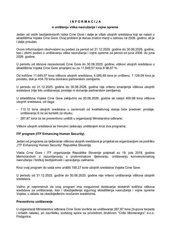 Informacija o uništenju viška naoružanja i vojne opreme u Vojsci Crne Gore