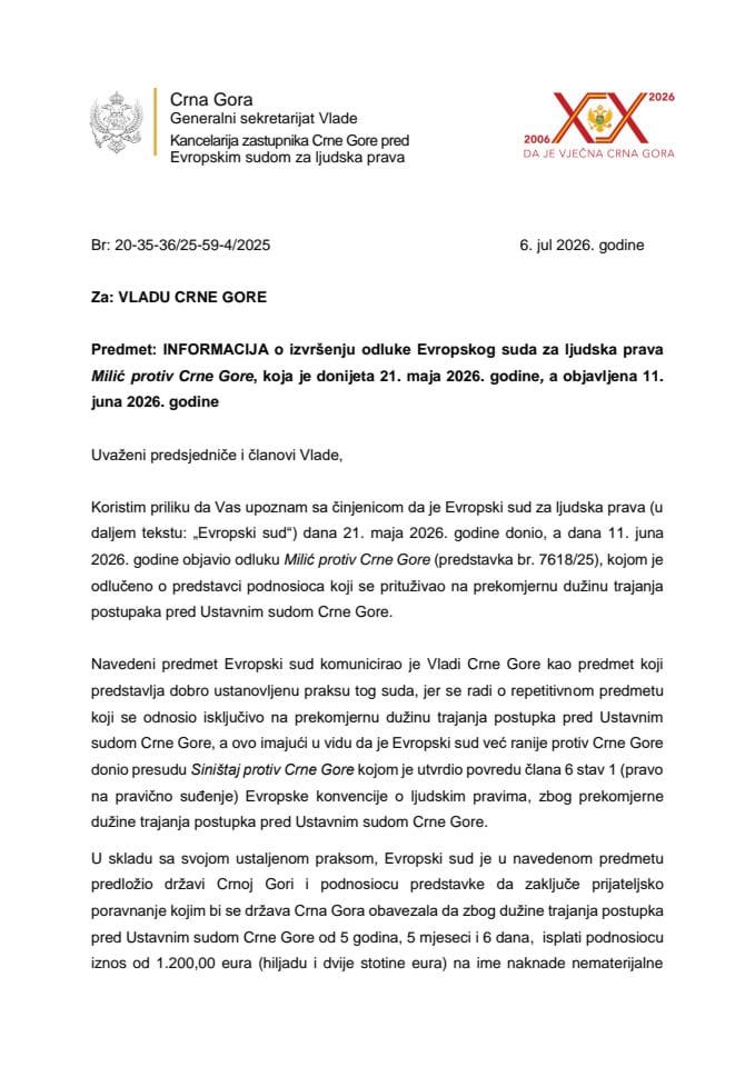 Informacija o izvršenju odluke Evropskog suda za ljudska prava Milić protiv Crne Gore, koja je donijeta 21. maja 2026. godine, a objavljena 11. juna 2026. godine