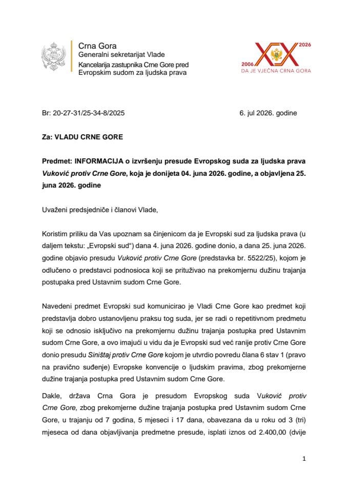 Informacija o izvršenju presude Evropskog suda za ljudska prava Vuković protiv Crne Gore, koja je donijeta 4. juna 2026. godine, a objavljena 25. juna 2026. godine