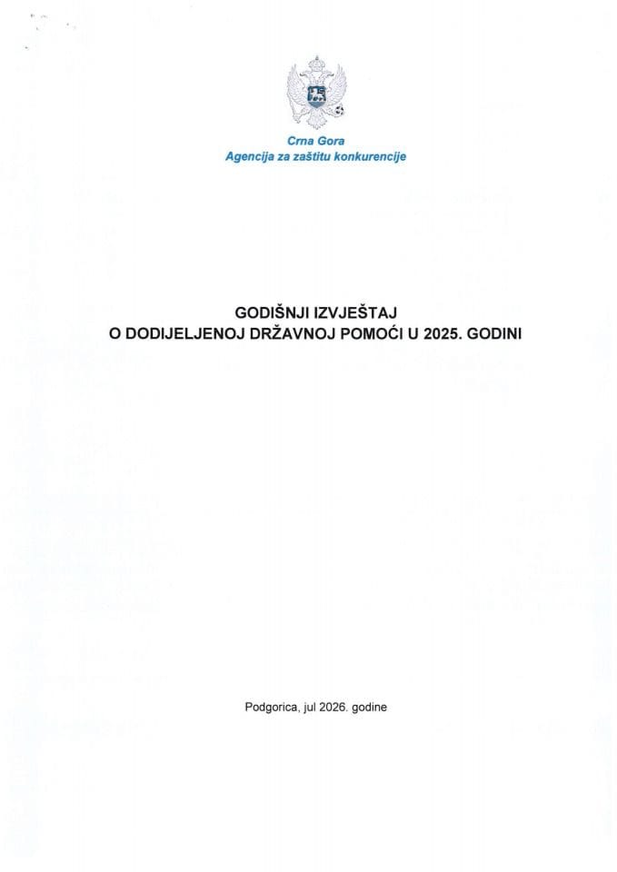 Godišnji izvještaj o dodijeljenoj državnoj pomoći u 2025. godini