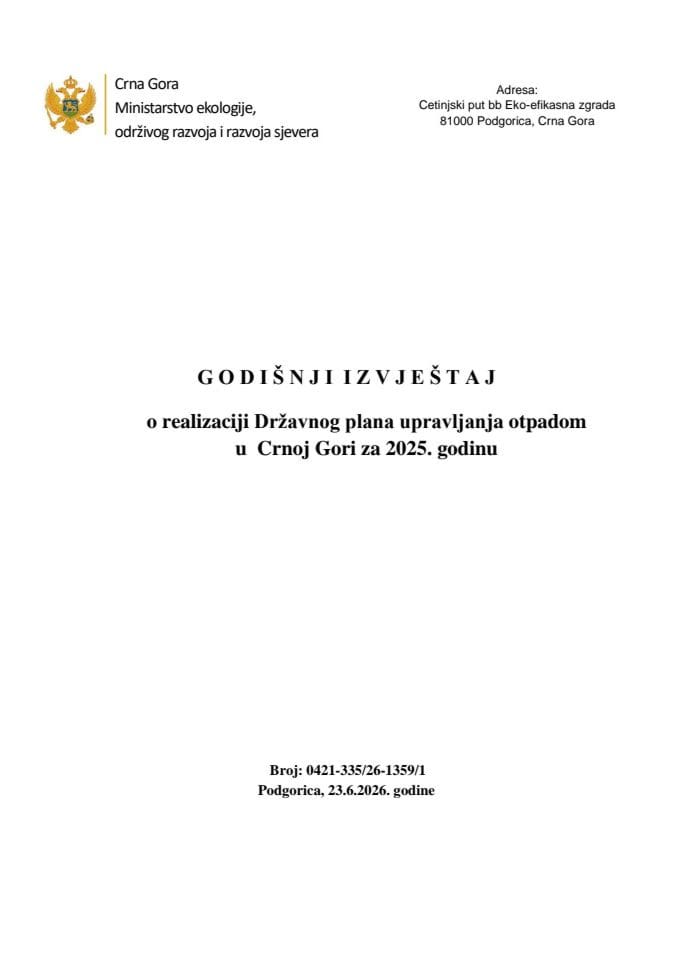 Godišnji izvještaj o realizaciji Državnog plana upravljanja otpadom u Crnoj Gori za 2025. godinu