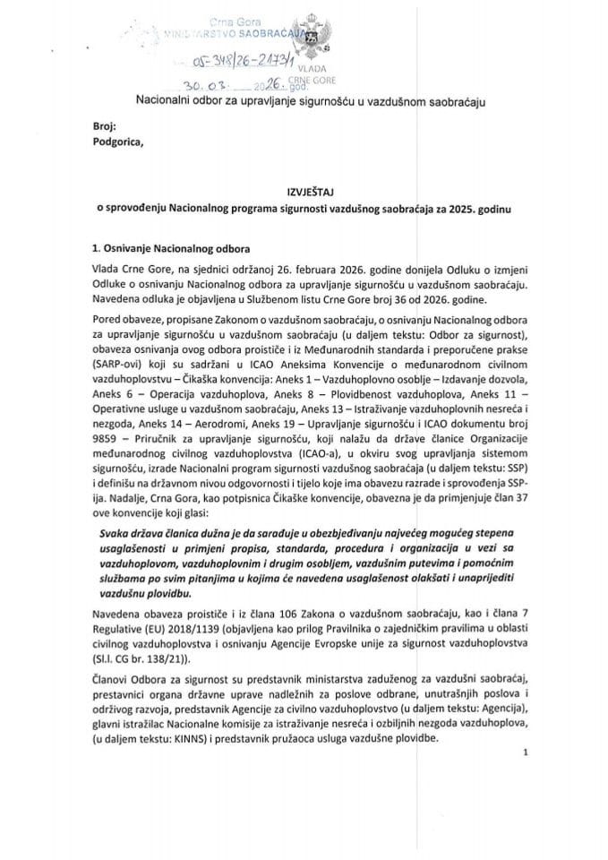 Izvještaj o sprovođenju Nacionalnog programa sigurnosti vazdušnog saobraćaja za 2025. godinu