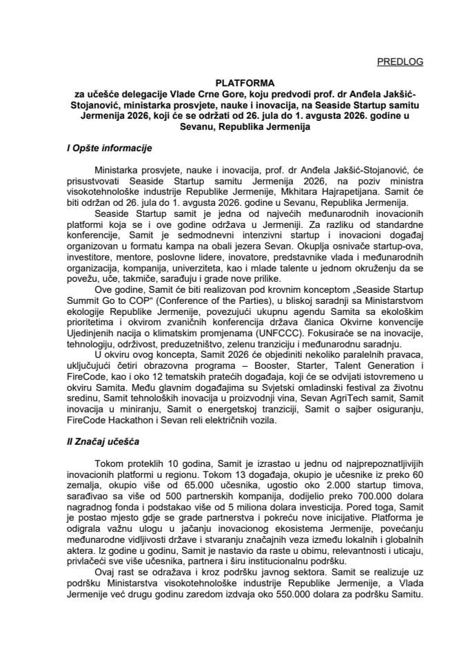 Predlog platforme za učešće delegacije Vlade Crne Gore, koju predvodi prof. dr Anđela Jakšić-Stojanović, ministarka prosvjete, nauke i inovacija, na Seaside Startup samitu Jermenija 2026