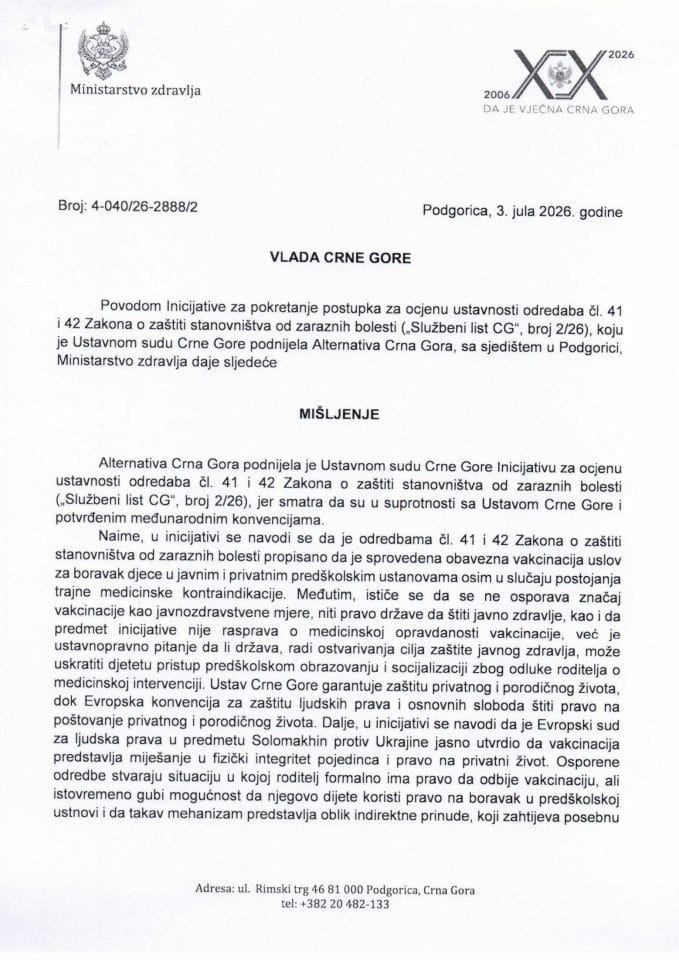 Predlog mišljenja na Inicijativu za pokretanje postupka za ocjenu ustavnosti odredaba čl. 41 i 42 Zakona o zaštiti stanovništva od zaraznih bolesti („Službeni list CG“, broj 2/26), koju je podnijela Alternativa Crna Gora, sa sjedištem u Podgorici