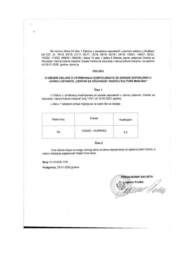 Predlog odluke o izmjeni Odluke o utvrđivanju koeficijenata za zarade zaposlenih u JU Centar za očuvanje i razvoj kulture manjina Crne Gore