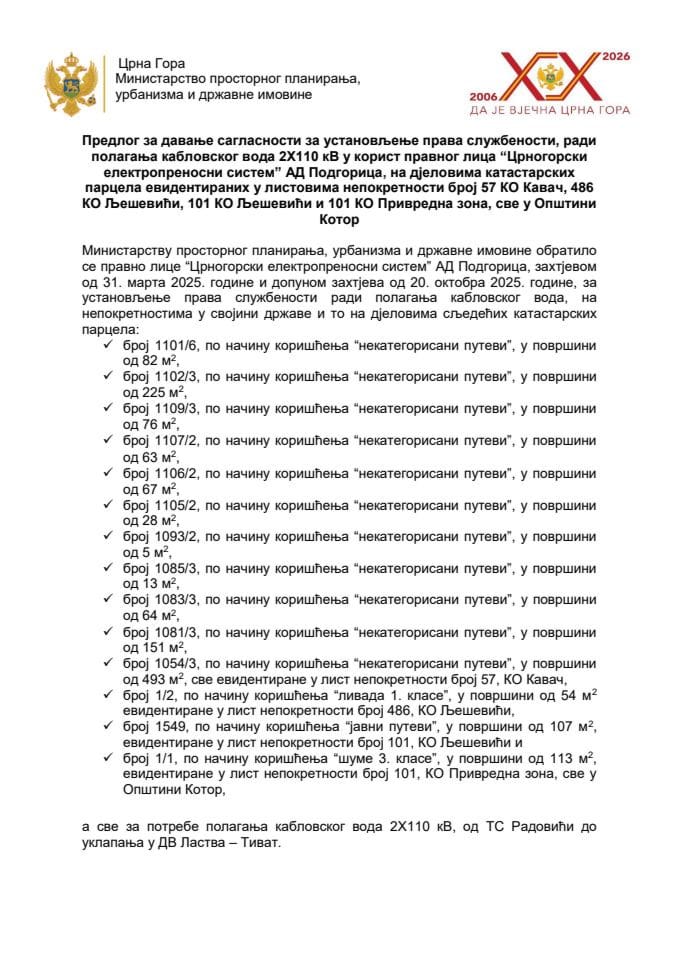 Predlog za davanje saglasnosti za ustanovljenje prava službenosti, radi polaganja kablovskog voda 2x110 kV u korist pravnog lica „Crnogorski elektroprenosni sistem“ AD Podgorica