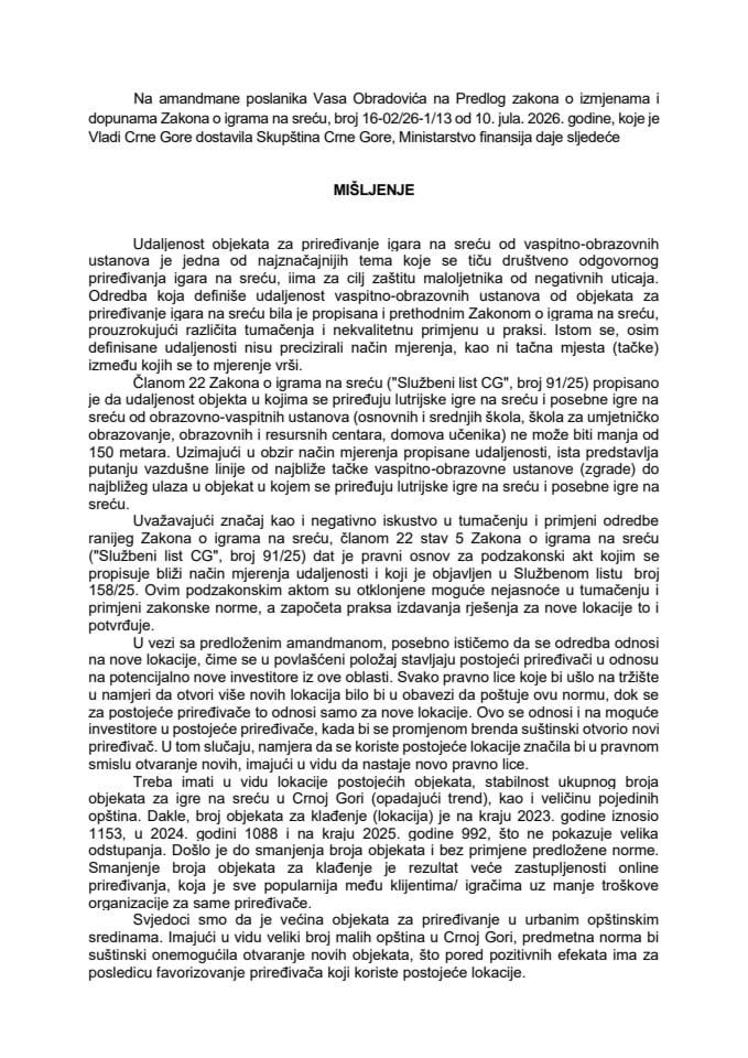 Predlog mišljenja na amandmane (2) na Predlog zakona o izmjenama i dopunama Zakona o igrama na sreću (predlagač poslanik Vaso Obradović)