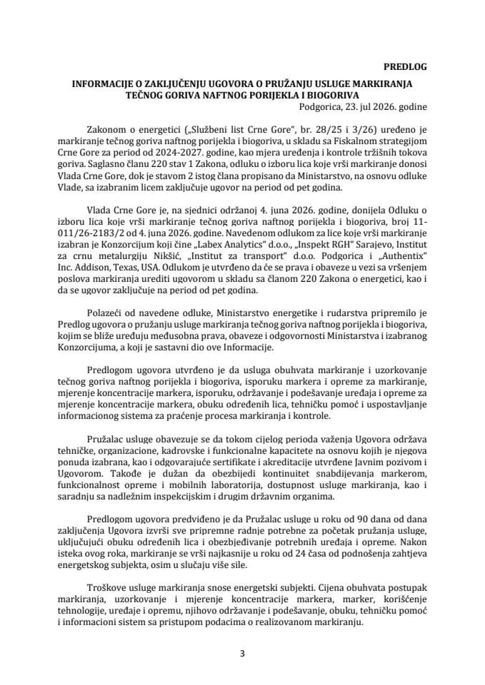 Informacija o zaključenju Ugovora o pružanju usluge markiranja tečnog goriva naftnog porijekla i biogoriva s Predlogom ugovora