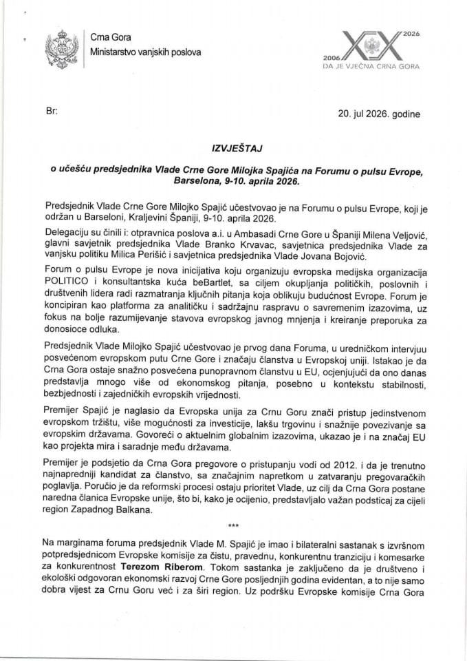 Izvještaj o učešću predsjednika Vlade Crne Gore Milojka Spajića na Forumu o pulsu Evrope, Barselona, 9-10. aprila 2026.