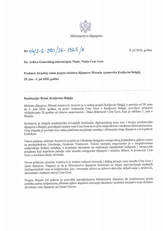 Izvještaj radne posjete ministra dijaspore Mirsada Azemovića Kraljevini Belgiji, 29. jun - 2. jul 2026. godine