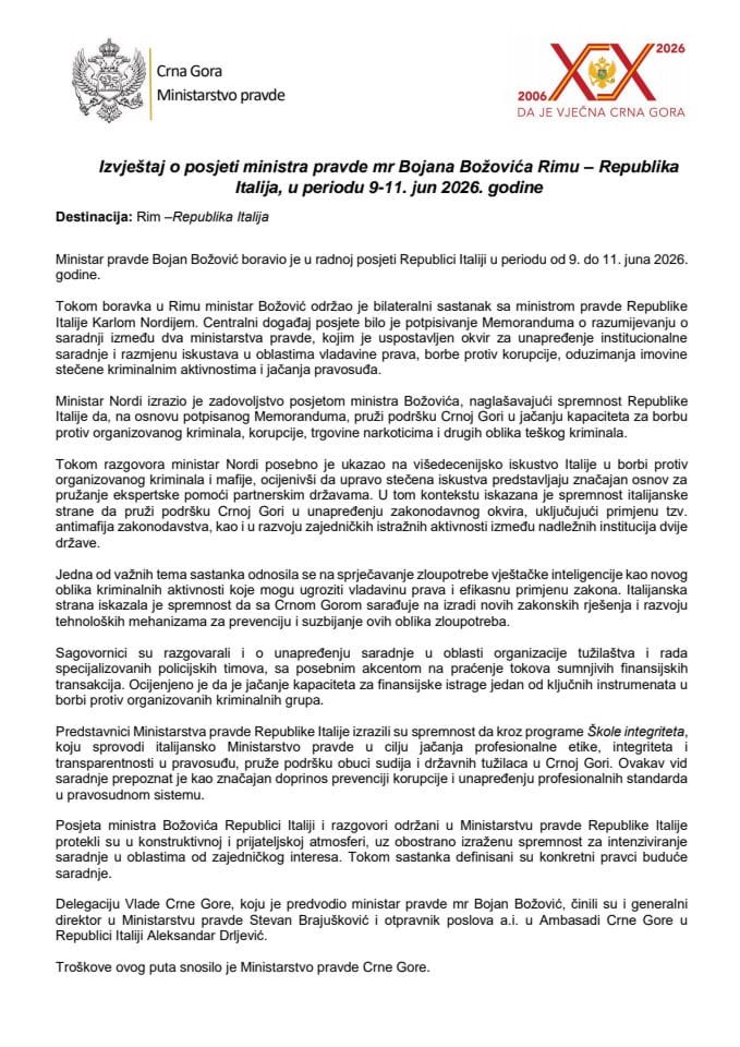 Izvještaj o posjeti ministra pravde mr Bojana Božovića Rimu - Republika Italija, u periodu 9-11. jun 2026. godine
