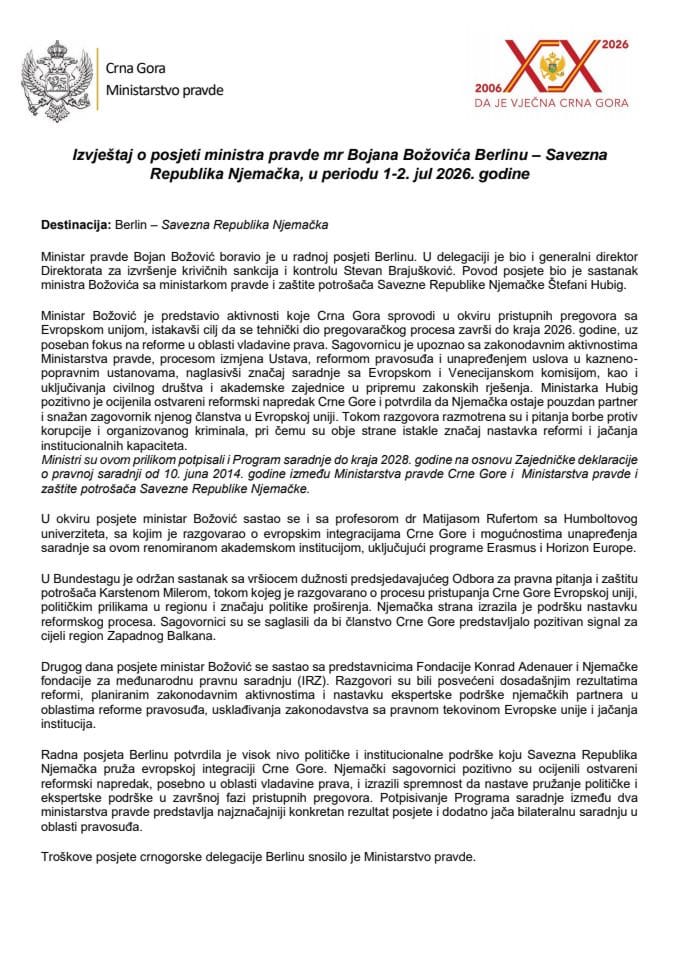 Izvještaj o posjeti ministra pravde mr Bojana Božovića Berlinu - Savezna Republika Njemačka, u periodu 1-2. jul 2026. godine