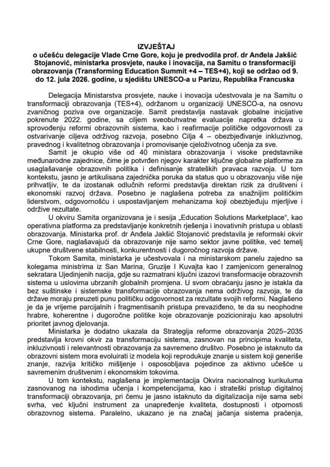 Izvještaj o učešću delegacije Vlade Crne Gore, koju je predvodila prof. dr Anđela Jakšić Stojanović, ministarka prosvjete, nauke i inovacija, na Samitu o transformaciji obrazovanja (Transforming Education Summit +4 - TES+4