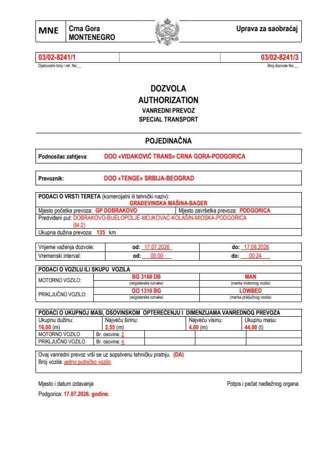VIDAKOVIĆ TRANS 03-02-8241-TENGE