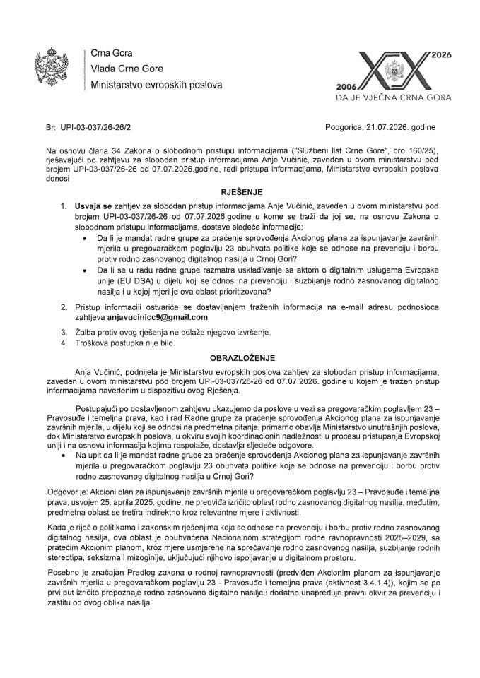 Zahtjev za slobodan pristup informacijama Rješenje Anja Vučinić (digitalno nasile)