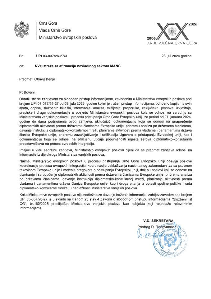 Zahtjev za slobodan pristup informacijama obavjestenje za MANS