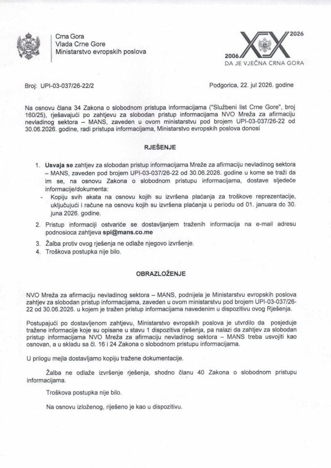 Zahtjev za slobodan pristup informacijama Rješenje MANS troškovi reprezentacije