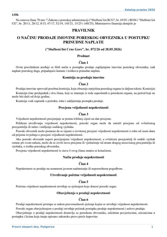 Pravilnik o načinu prodaje imovine poreskog obveznika u postupku prinudne naplate