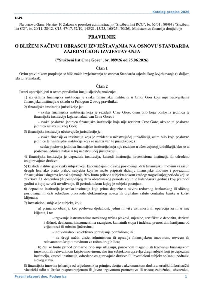 Pravilnik o bližem načinu i obrascu izvještavanja na osnovu Standarda zajedničkog izvještavanja