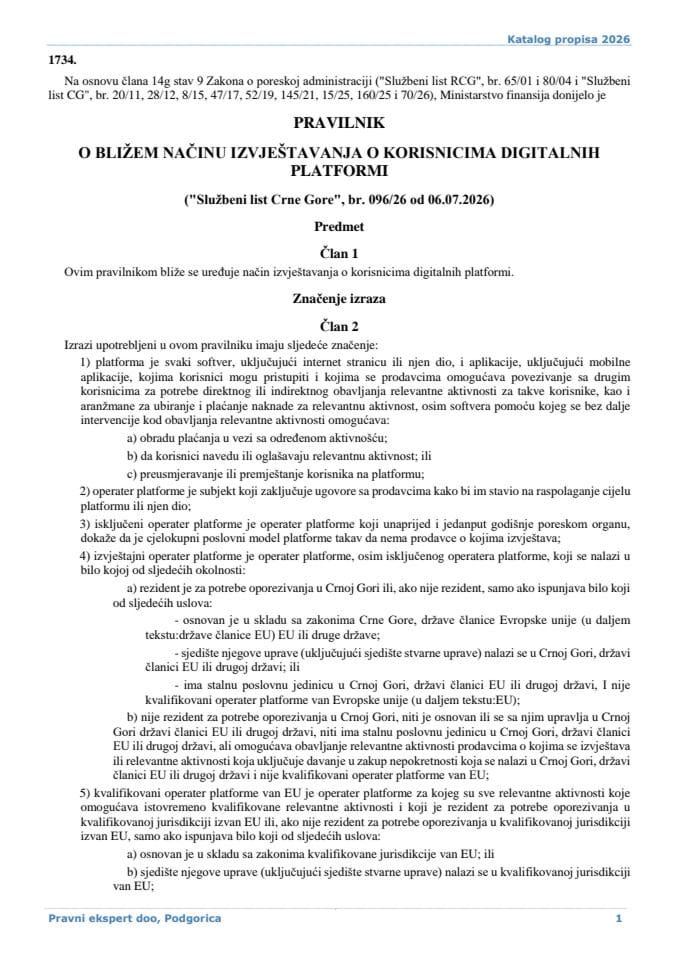Pravilnik o bližem načinu izvještavanja o korisnicima digitalnih platformi