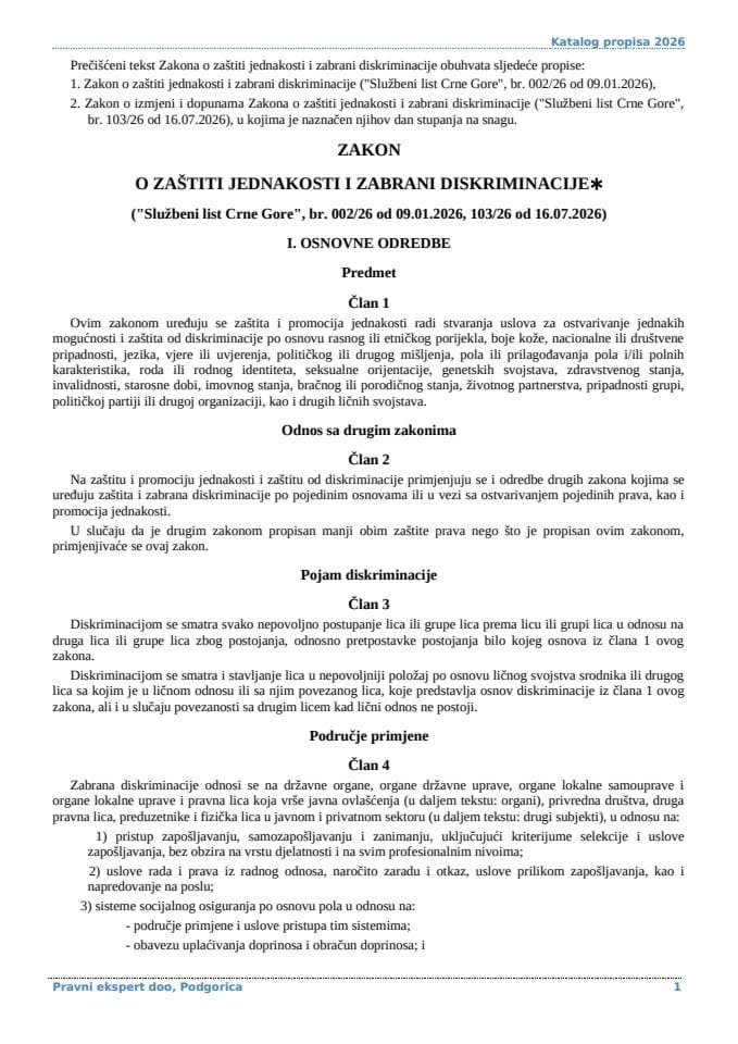 Zakon o zaštiti jednakosti i zabrani diskriminacije 2026