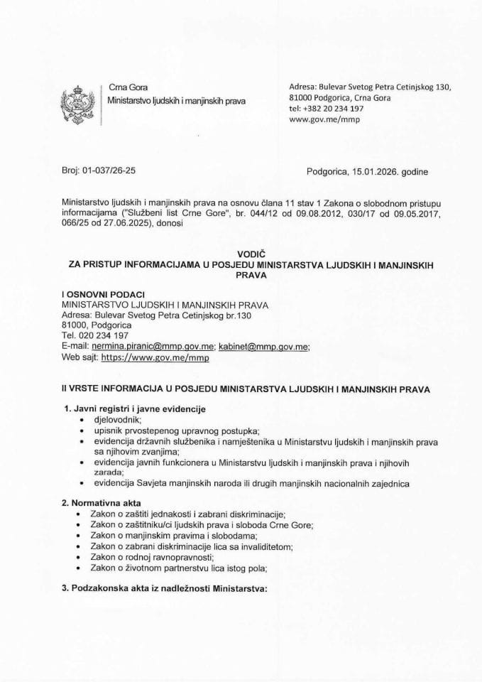 Vodič za pristup informacijama u posjedu Ministarstva ljudskih i manjinskih prava za 2026. godinu