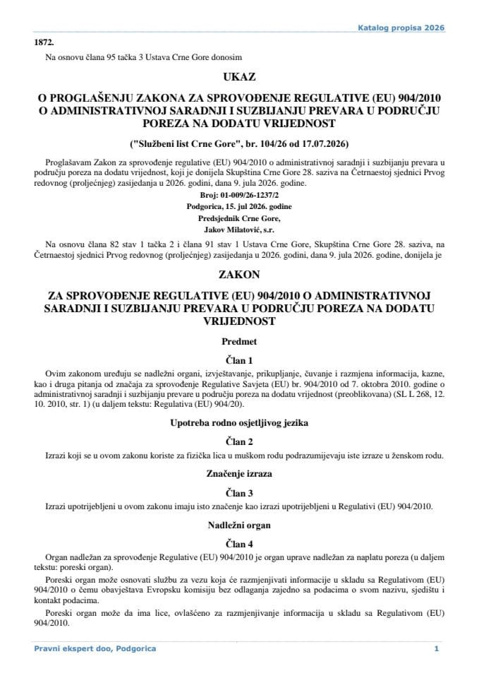 Zakon za sprovođenje Regulative EU 904 2010 o administrativnoj saradnji i suzbijanju prevara u području poreza na dodatu vrijednost